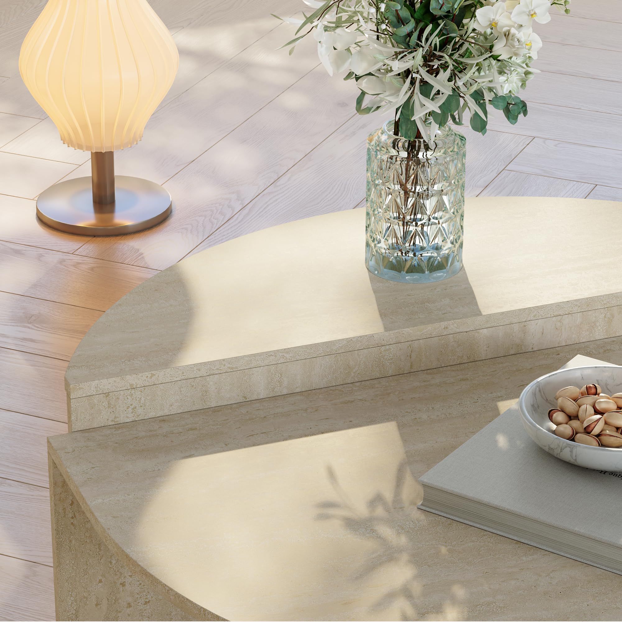 [en.casa] Mesa de Centro Tondesdaslo Tablero Doble Semicircular Mesita de Café Mesa Auxiliar de Sofá Salón Despacho 90 x 90 x 35 cm - Travertino
