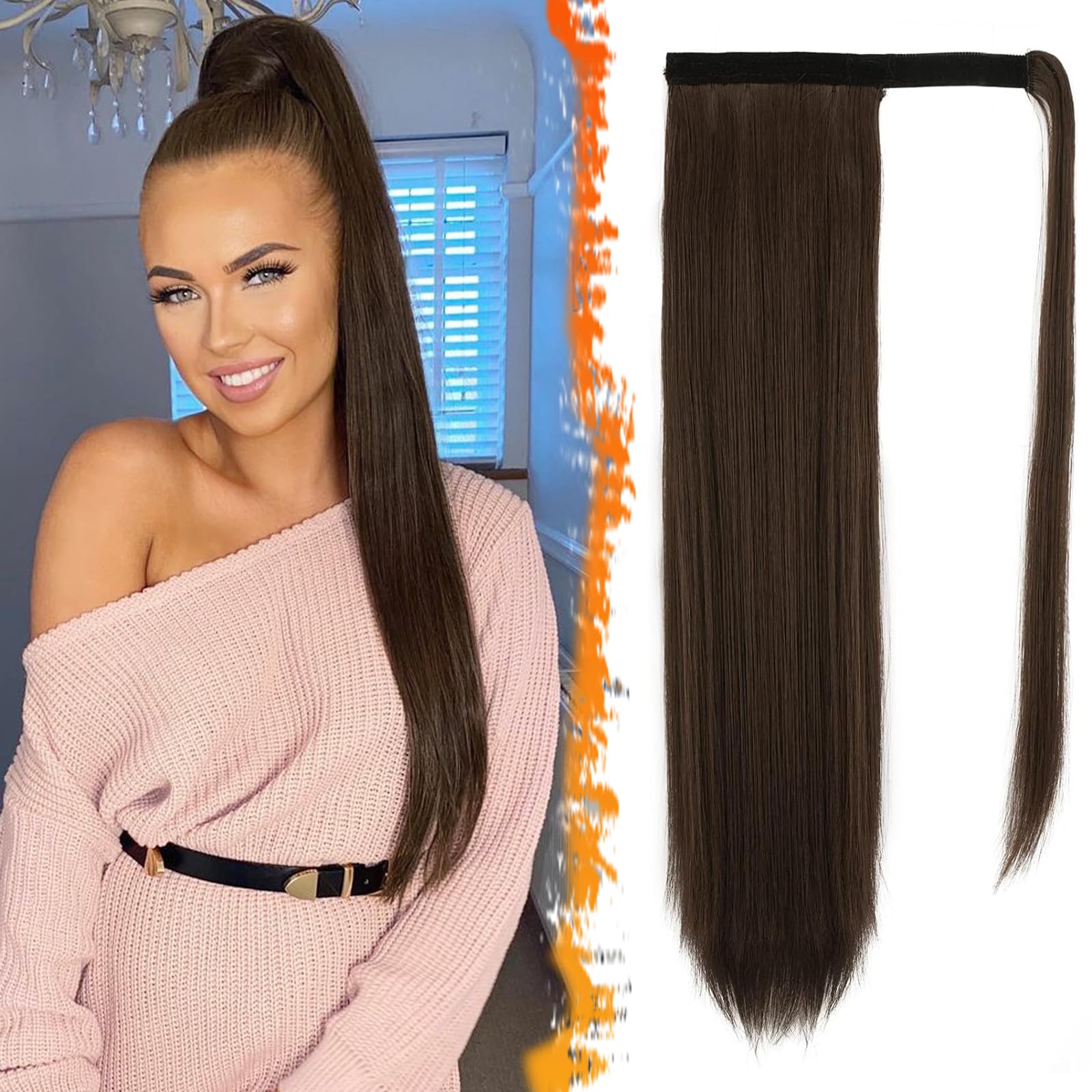 BARSDAR Chocolate Brown Straight Wrap Ponytail Extension - 24 Inch Long Straight Wrap Around Ponytail Hair Extensions for Women, Synthetic Clip in
