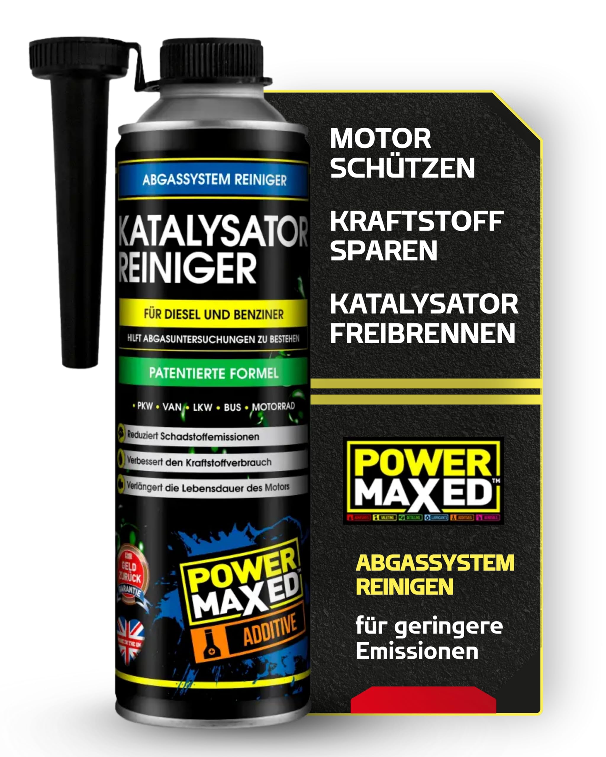 Power Maxed Katalysator Reiniger 500ml – Kraftstoff-Systemreiniger für Diesel & Benzin – Saubere Abgaswerte vor der HU – Reduziert Emissionen & senkt Verbrauch