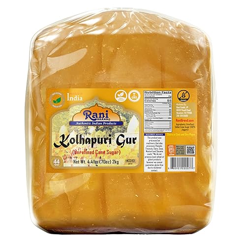 Rani Kolhapuri Gur (Jaggery) 70 onzas (4.4 libras) 4.4 lbs  Azúcar de caña sin refinar, sin color añadido, apto para gluten, vegano, sin OMG,