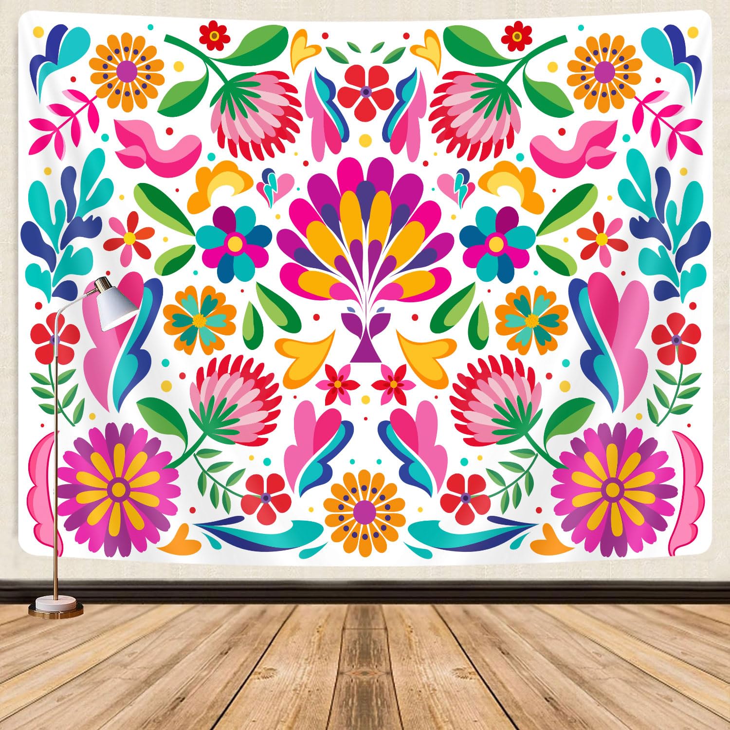 GOAOK Mexican Tapestry, Colorful Mexico Floral Traditional Aesthetic Hippie Tapestries, Mexican Ornate Ethnic Pastel Flowers Plant Tapestry Wall Hanging for Bedroom Living Room 60"x40" White