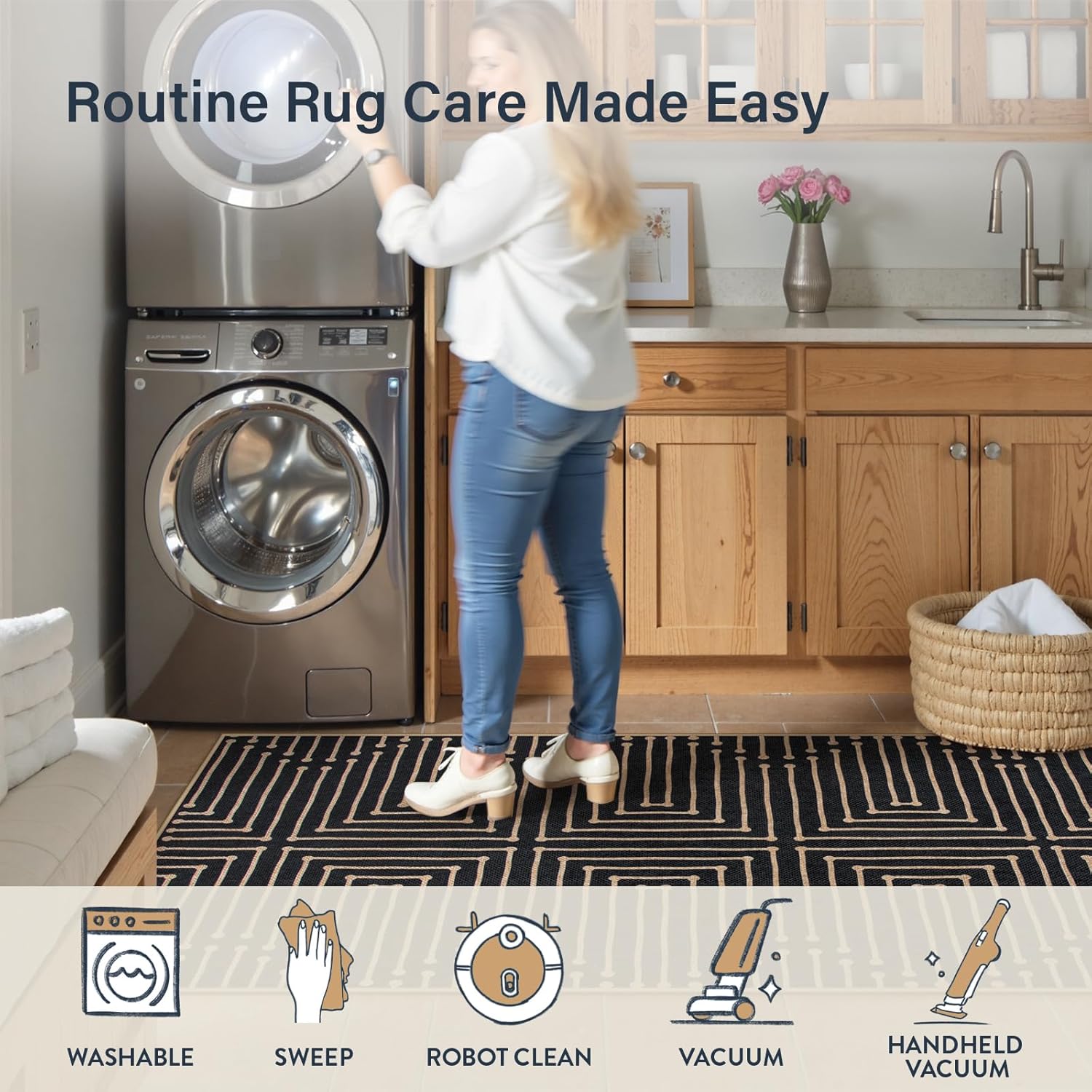 Lahome Boho 3x5 Easy Jute Rugs for Entryway, Black and White Outdoor Rug for Patio, Maze Lines Modern Indoor Outdoor Rugs, Non Slip Stain Resistant Front Door Carpet for Porch Balcony