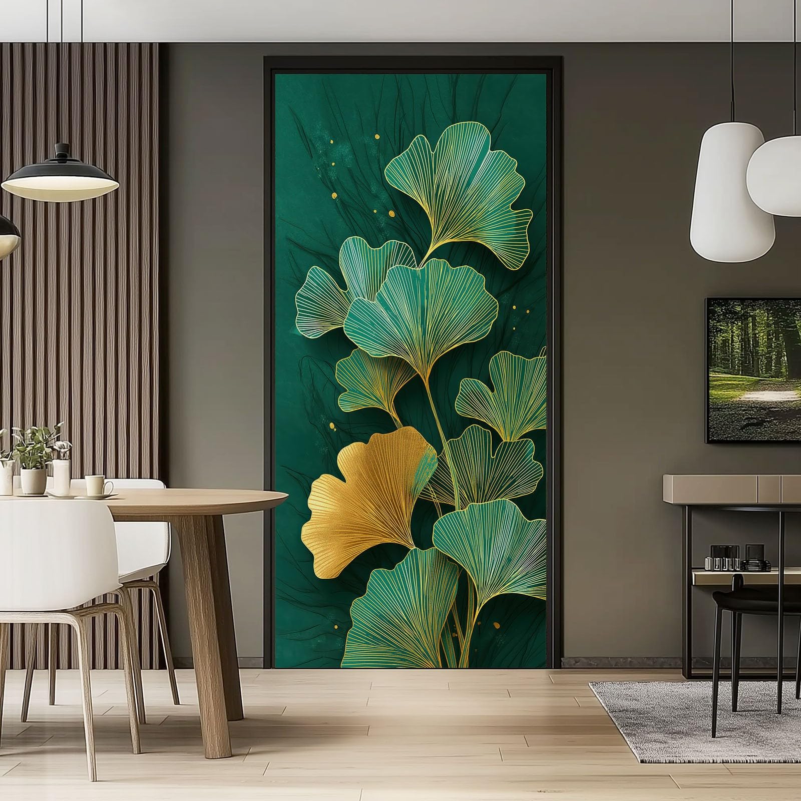 Samoprzylepne naklejki na drzwi, 80 x 210 cm, proste liście miłorzębu, wodoodporna tapeta na drzwi z folii samoprzylepnej, zielona dekoracja DIY, tapeta na drzwi, do pokoju dziecięcego, kuchni
