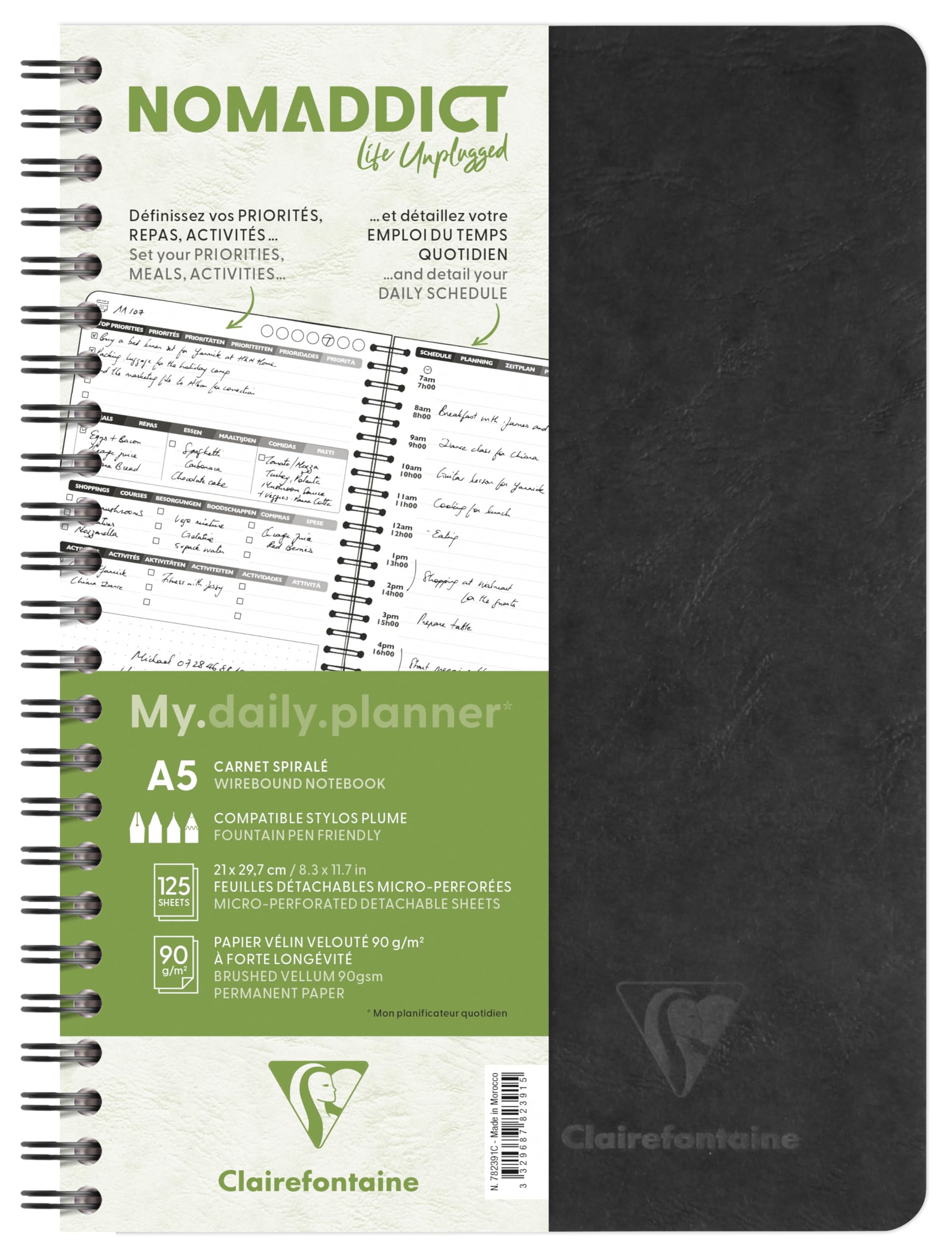 Clairefontaine 782391C Age Bag Collection My.daily.planner Black Spiral Notebook - A5 14.8x21 cm - 250 Pages Schedule + DOT - White Paper 90 g - Card Cover