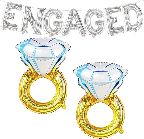 KatchOn, Letras de globos de compromiso plateados con enormes globos de anillo de diamantes, paquete de 2, globos de compromiso dorados y plateados