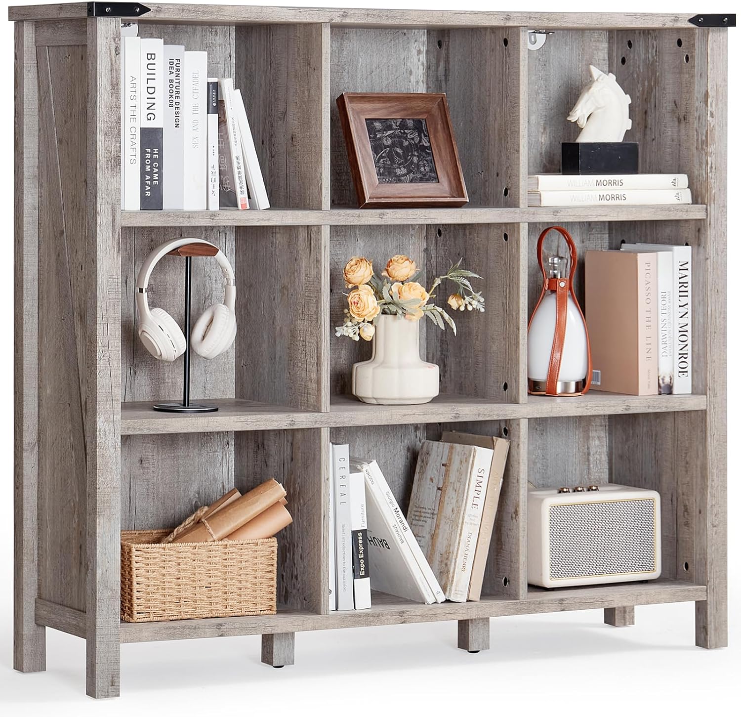 9-cube Farmhouse Bookcase, 47in Grey Oak Bookshelf