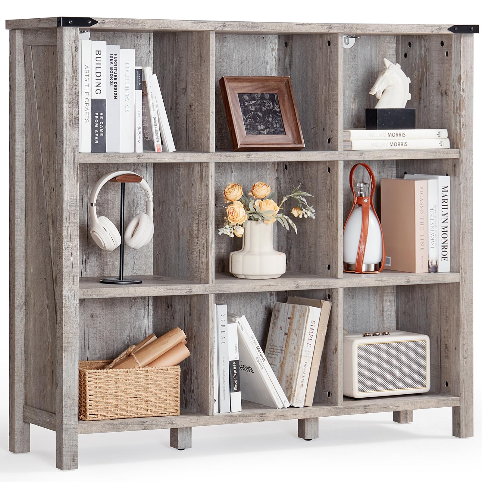 Joaxswe 9 Cube Bookcase, Farmhouse 47 Inch Wide Grey Oak Bookshelf, Wooden 3 Tier Display Large Open Book Shelf, Vintage Horizontal Book Case for Home