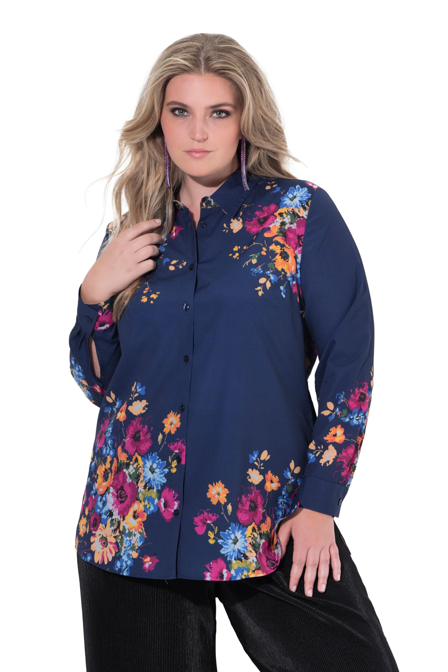MIAMODA Damen große Größen Übergrößen Plus Size Bluse, A-Linie, Blumenmuster, Langarm dunkelblau 50 842295750-50