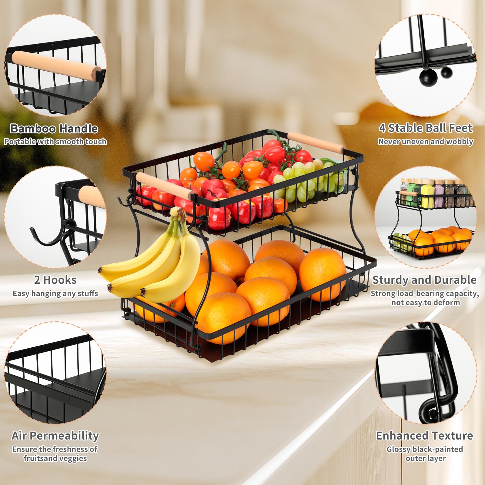 Cozary Portafrutta a 2 Piani, Porta Frutta da Tavolo, Porta Frutta con 2 Ripiani, 2 Ganci, adatto per Snack, Verdure, Pane,per Casa, Cucina, Ufficio, Moderno, 37x24x23cm
