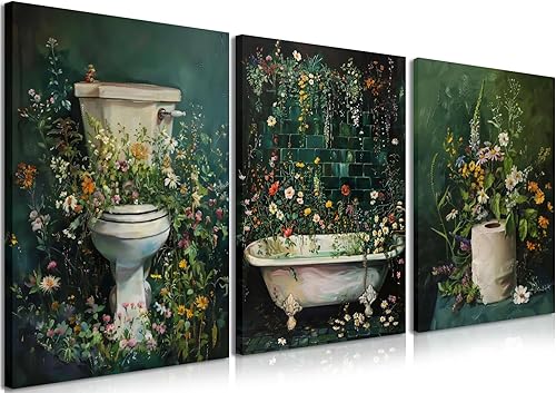 Juego de 3 lienzos enmarcados vintage para pared de baño, diseño floral verde oscuro, pinturas decorativas de flores silvestres, impresiones