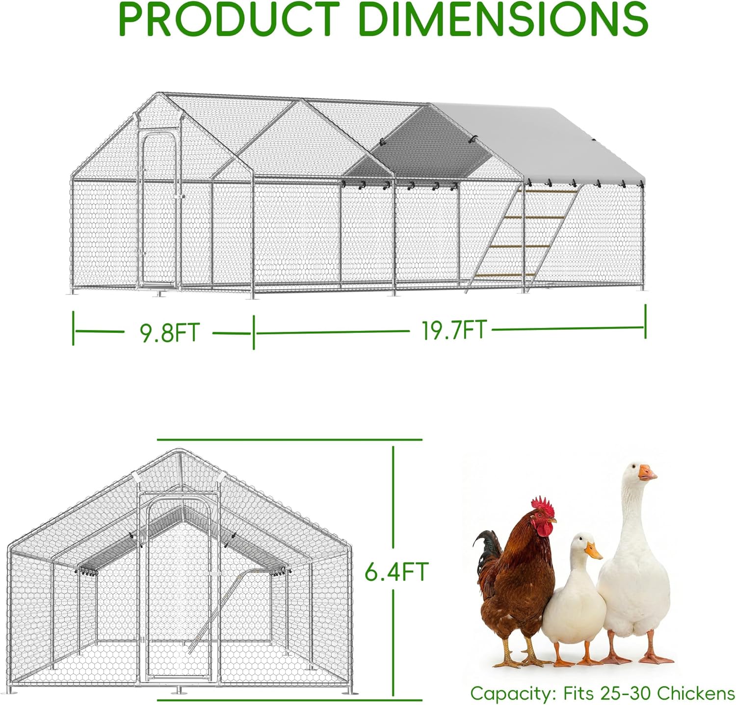 Large Metal Chicken Coop with Roosting Perch, Waterproof and UV-Resistant Cover,Outdoor Walk-in Cage Hen House for Yard Farm Rabbit Duck Chicken Run with Spire Roof (10'W x 19.7'L x 6.4'H)