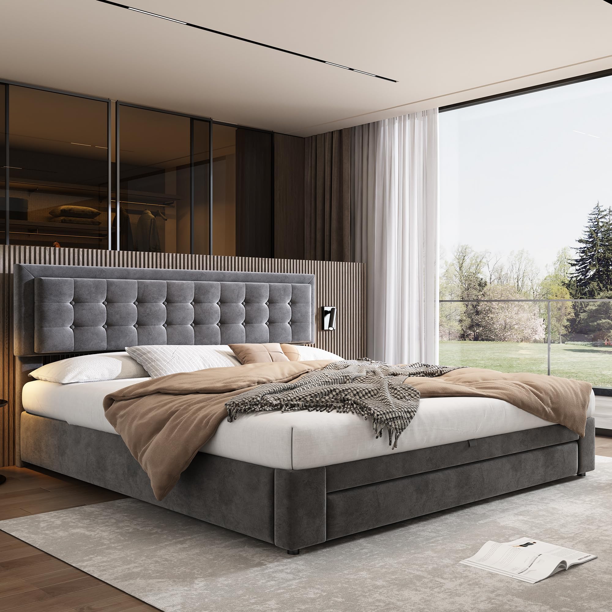 Letto imbottito idraulico con testiera regolabile in altezza cassetti bed matrimoniale per adulti letti contenitore box rete a doghe in legno beds per ospiti senza materasso grigio 160x200 cm