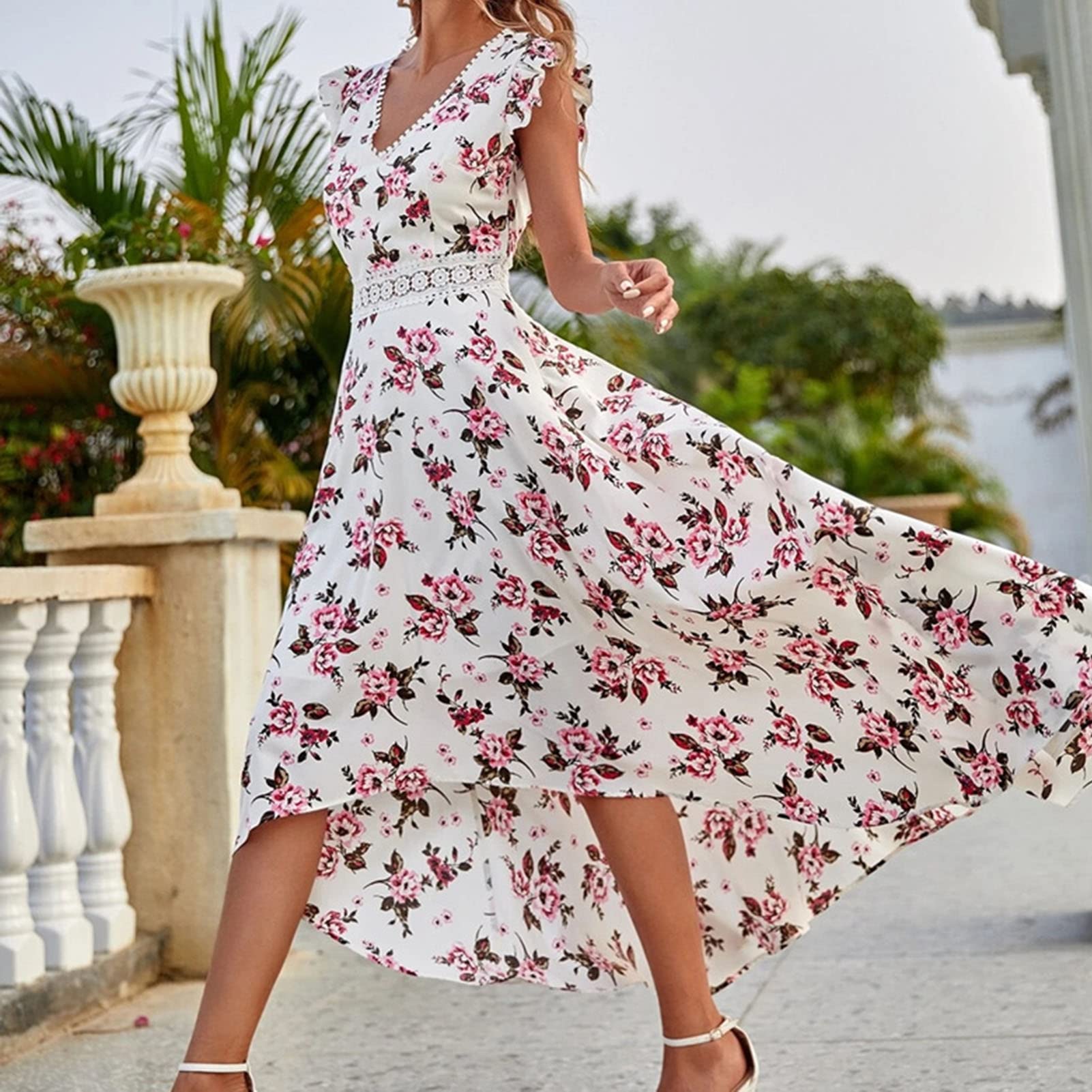 Jabidoos Damen Sommerkleid Lang - Floral Spitze V-Ausschnitt - Boho Maxi Kleid