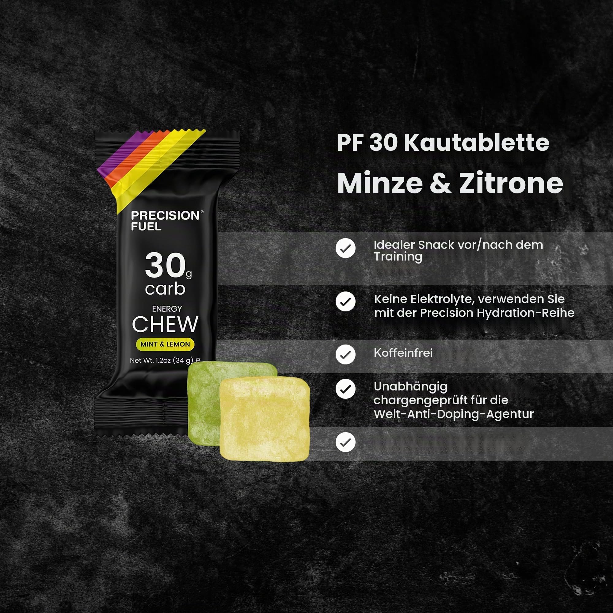 Precision Fuel PF30 Energy Chews - Karb, leichter Snack für Ausdauersport, 30g Kohlenhydrate pro Portion,ideal für Laufen und Radfahren,ohne künstliche Zutaten-Geschmack Minze&Zitrone (15x34g Chews)