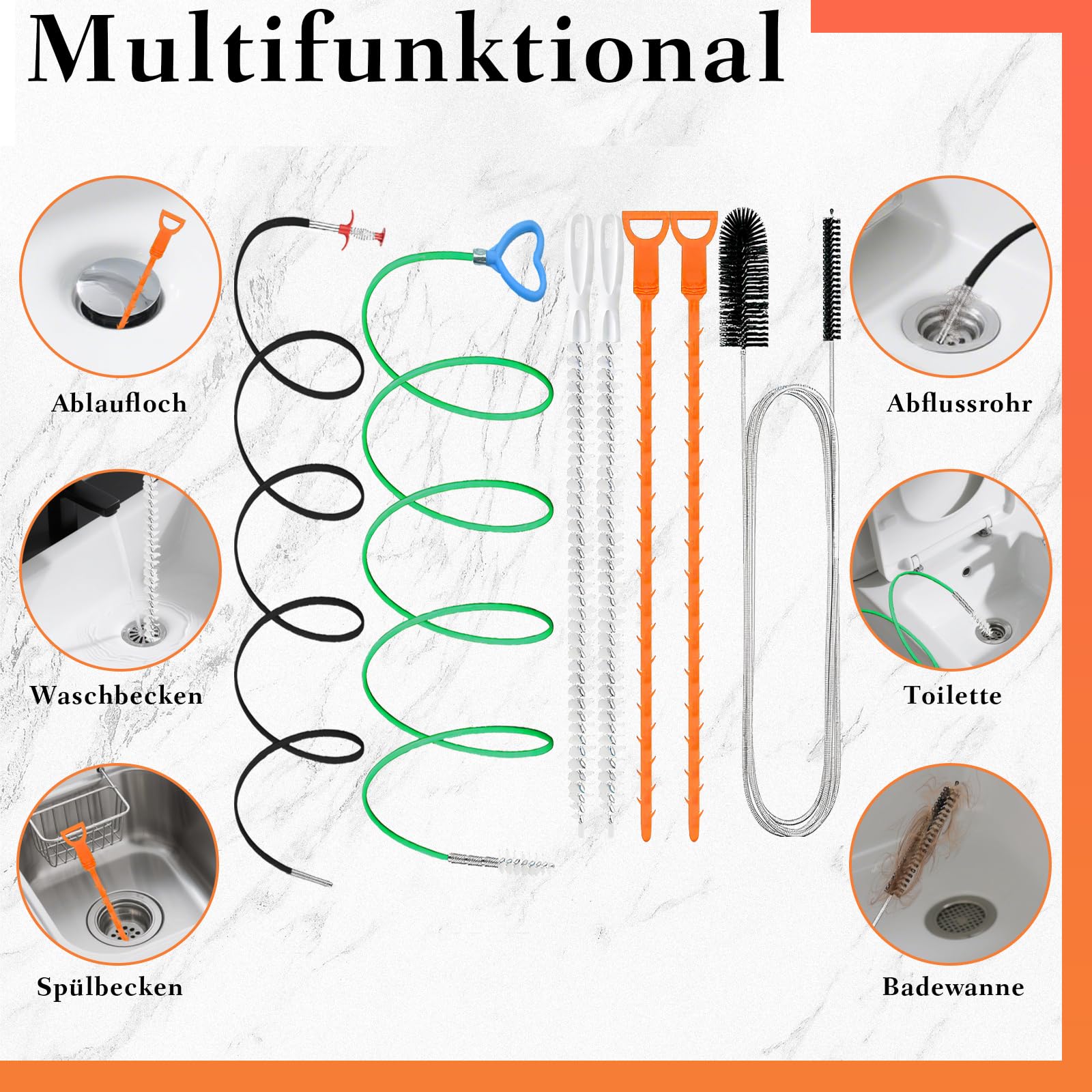 7 Stück Abflussreiniger Spirale,Flexibel Krallengreifer,Doppelkopf-Rohrreinigungsbürste,Bruchsicherer Stahl-Abflussreiniger,Geeignet für Badewannen,Waschbecken,Küchen,Badezimmer und Toiletten