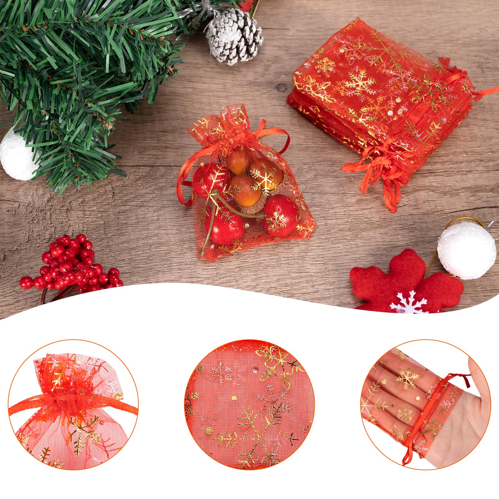 G2PLUS Organzazakjes, 7 x 9 cm, wit, 100 stuks, klein cadeau, organzazakjes, sneeuwvlokken, organzazakjes met trekkoord, als cadeau, kerstdecoratie