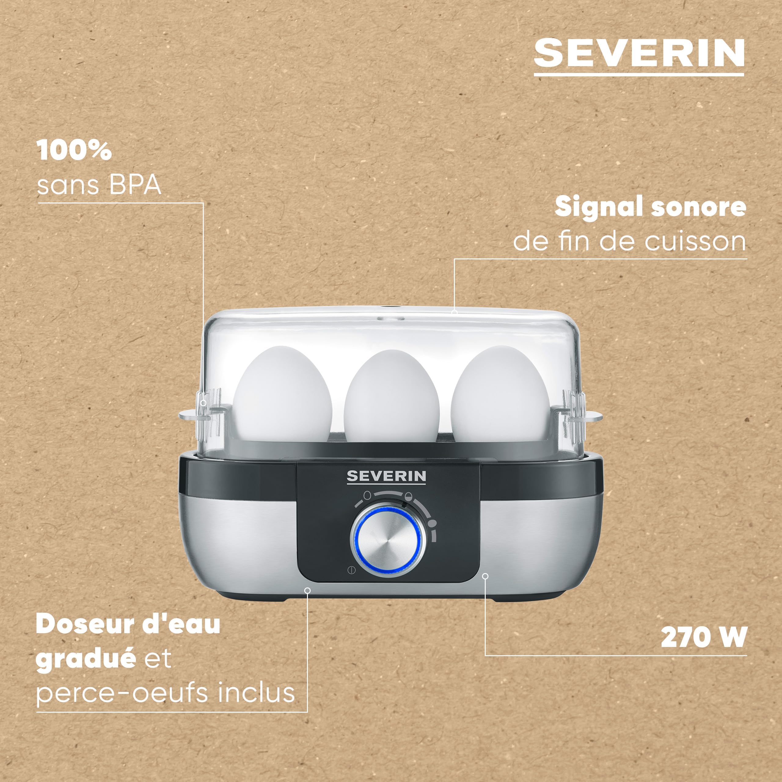 SEVERIN Cuiseur à œufs 270 W, Appareil de cuisson pour 1 à 3 œufs, Doseur d'Eau et Perce-Œufs Inclus, Cuit-œufs avec contrôle électronique du temps de cuisson, Inox, EK 3163