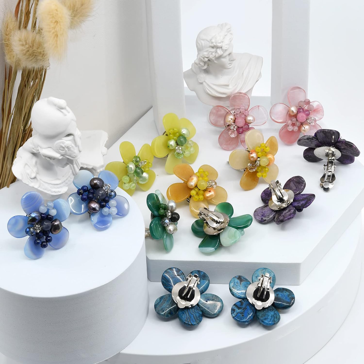 AeraVida Cute Tropical Flower Clip-On Earrings Handmade Elegant Jewelry Blue Jasper Aquamarine Crystal Pearl Statement Clip-On Earrings for Women - Image 3