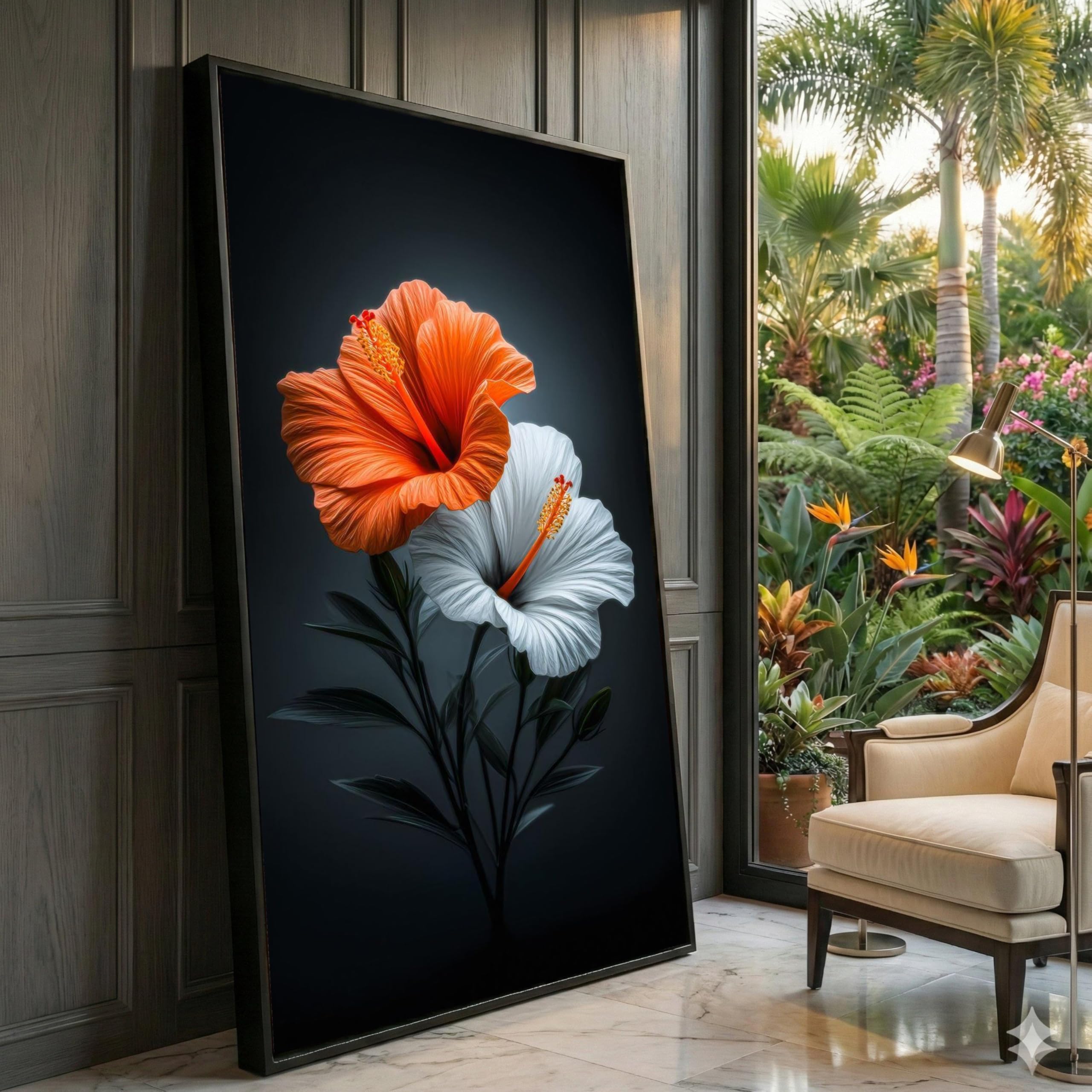 Tableau hibiscus orange grand format toile décoration intérieure 140cm - 8