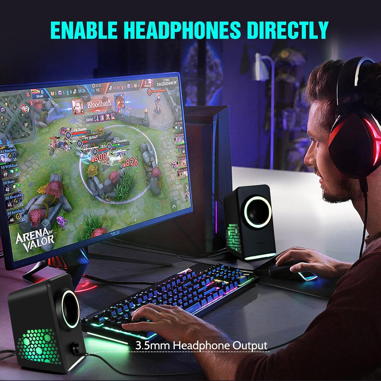 User wearing headphones connected to HEANTTV X6 speaker during gaming