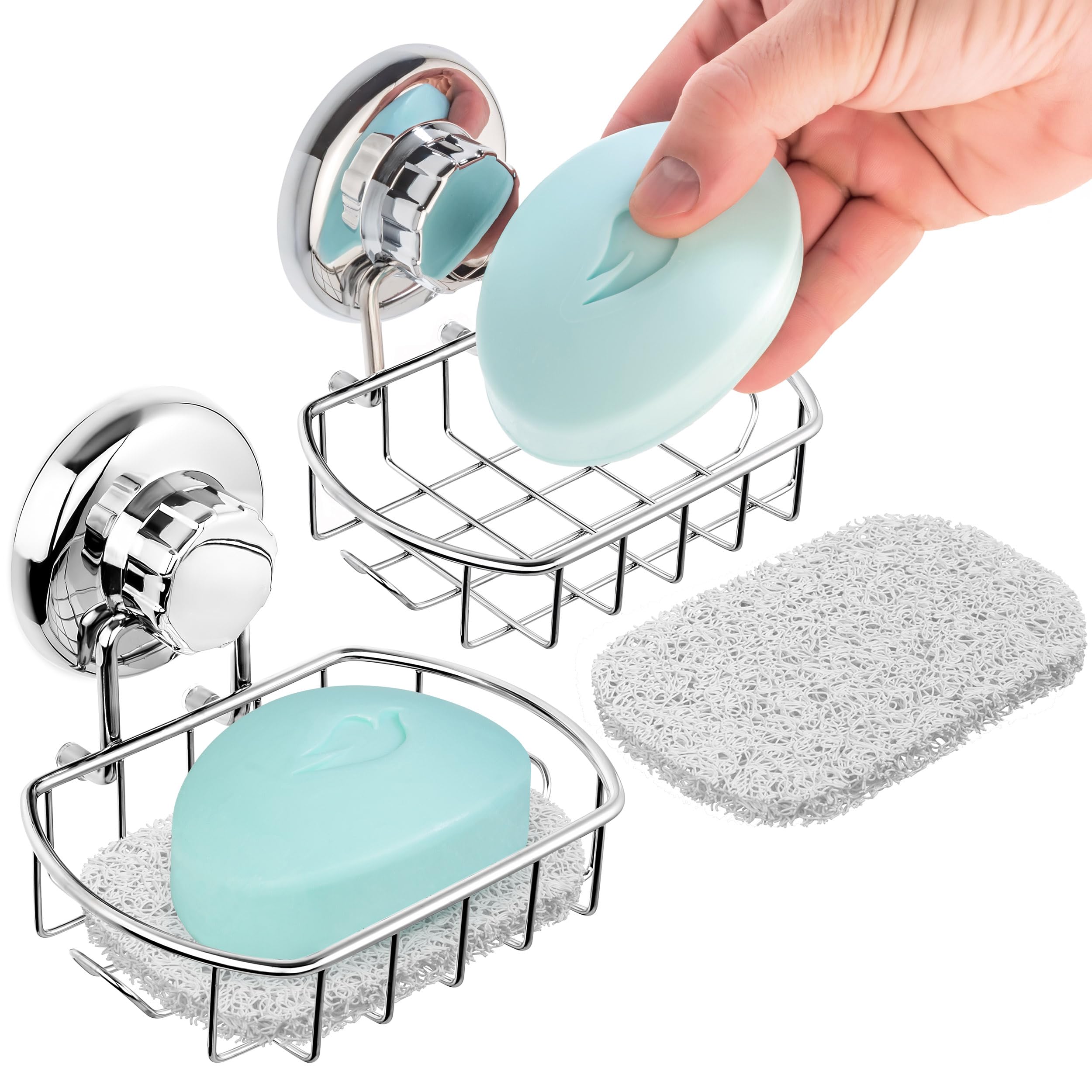 HASKO 2-Pack Suction Cup Soap Holder – Bar Soap Dish for Shower with Hooks for Bathroom – Optional Mounting with Adhesive Tape or Glue – Includes 2 Soap Savers – Polished Stainless Steel SS304