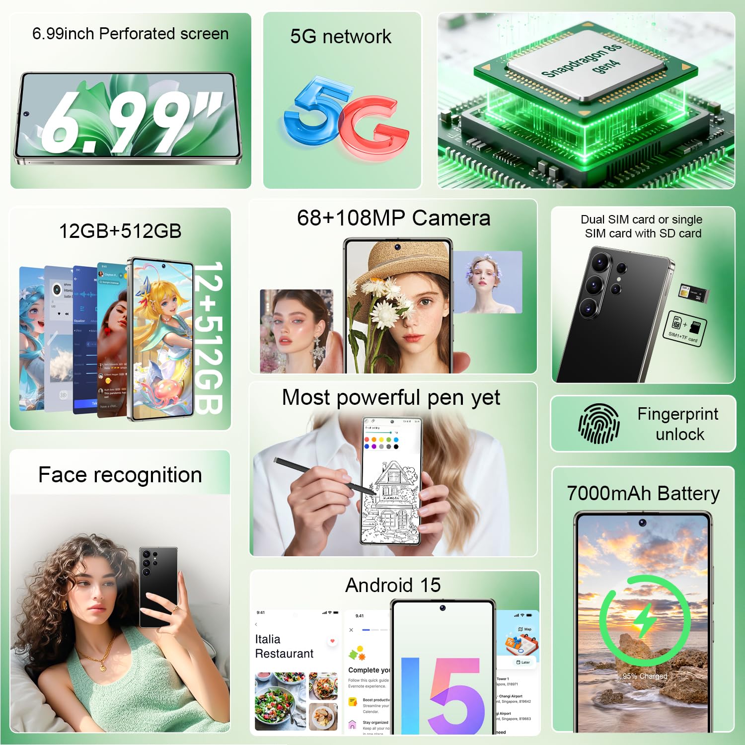 WWT 26 Ultra Unlocked Phone,Android 15 12+512GB Smartphone,Built in Pen The Phone,Cell Phone Battery 7000mAh 6.99" HD Screen,Dual SIM/5G/Face ID/Fingerprint Lock/GPS (Black, 12+512GB) - 2