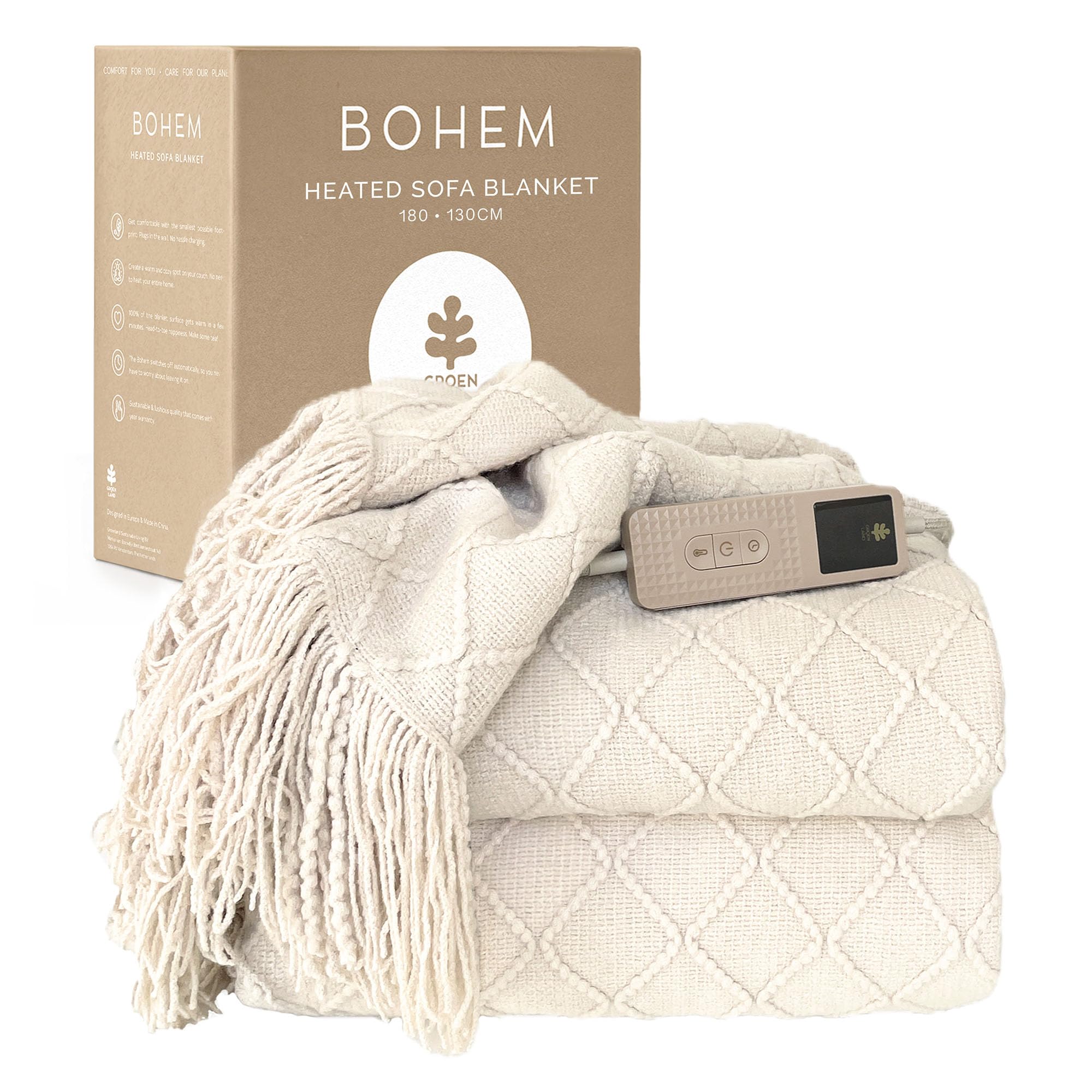 Groenland BOHEM Electric Heated Blanket 180 x 130 cm – Double Electric Throw Blanket with 9 Heat Levels & timer – Soft Heating Over-Blanket, Machine Washable Heated Throw for Sofa & Bed