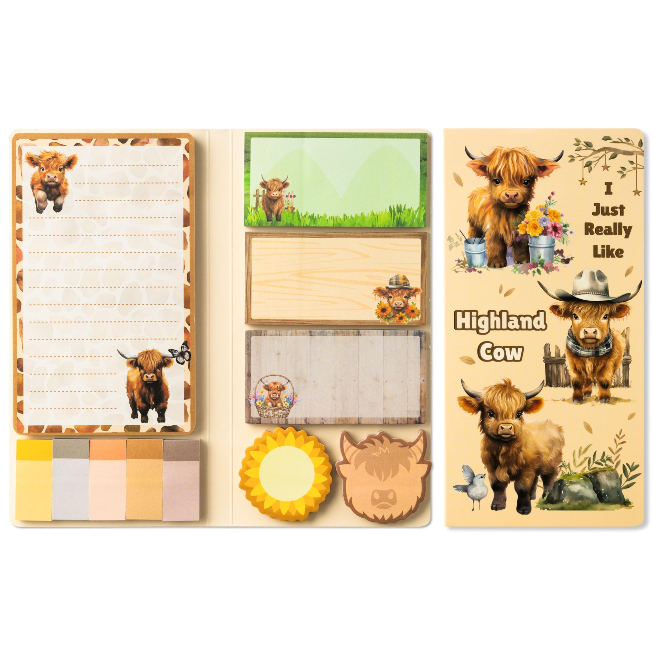 GROBRO7 Cute Highland Cow Sticky Notes Set, 550-Sheet Positive Highland Cow Sunflower Self-Stick Notepads, Cartoon Novelty Writing Pads for Kid Teacher Fall Autumn Farm Themed Party Thanksgiving Gift
