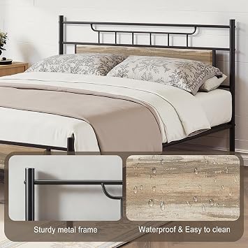 VECELO 4ft6 Double Bed Frame with Wooden Headboard, 135x190 cm Metal Platform, Heavy Duty Metal Slats Support, Mattress Base No Box Spring Needed, No Noise, Easy Assembly