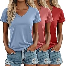 3 Pack Women's V Neck T Shirts, Summer Casual Short Sleeve Tops Loose Fit Rolled Sleeve Tees Trendy Shirts