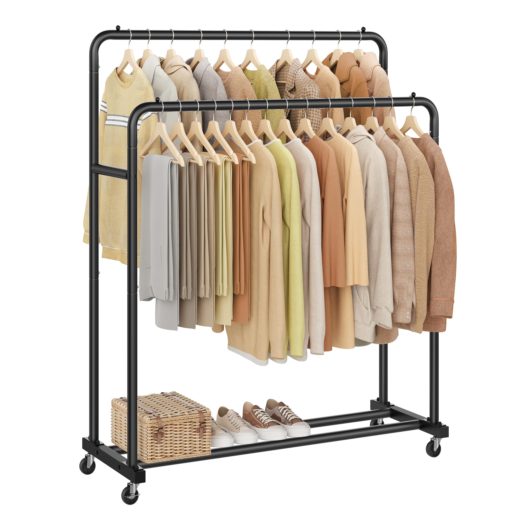 Rolling clothes rack with lockable wheels, Ink Black / Double Rods