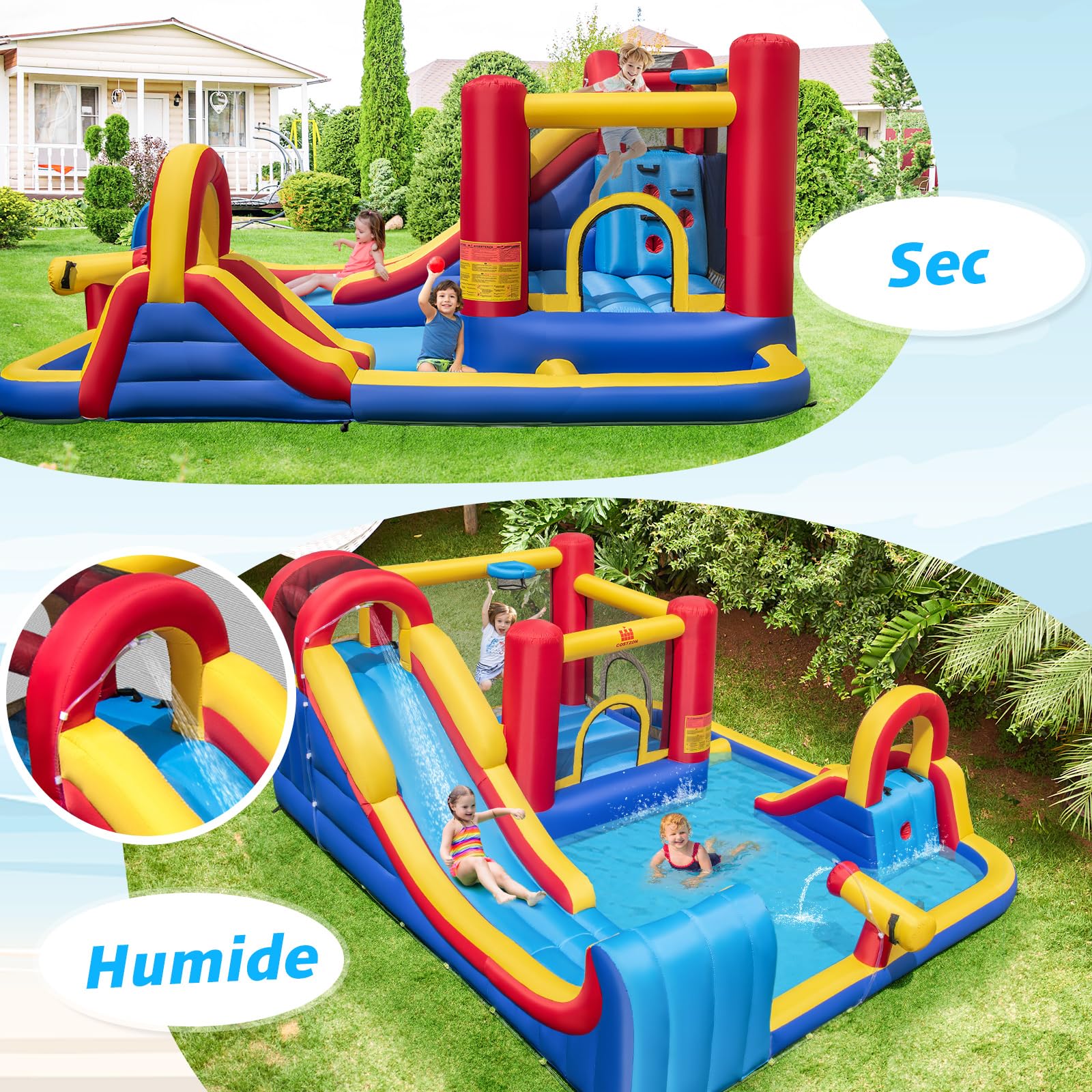 COSTWAY Château Gonflable avec 2 Toboggans et Maison de Saut, Aire de Jeux Gonflable avec 2 Piscines et Panier de Basket, Mur d'escalade, Intérieur Extérieur jusqu'à 3 Enfants de 3-12 Ans
