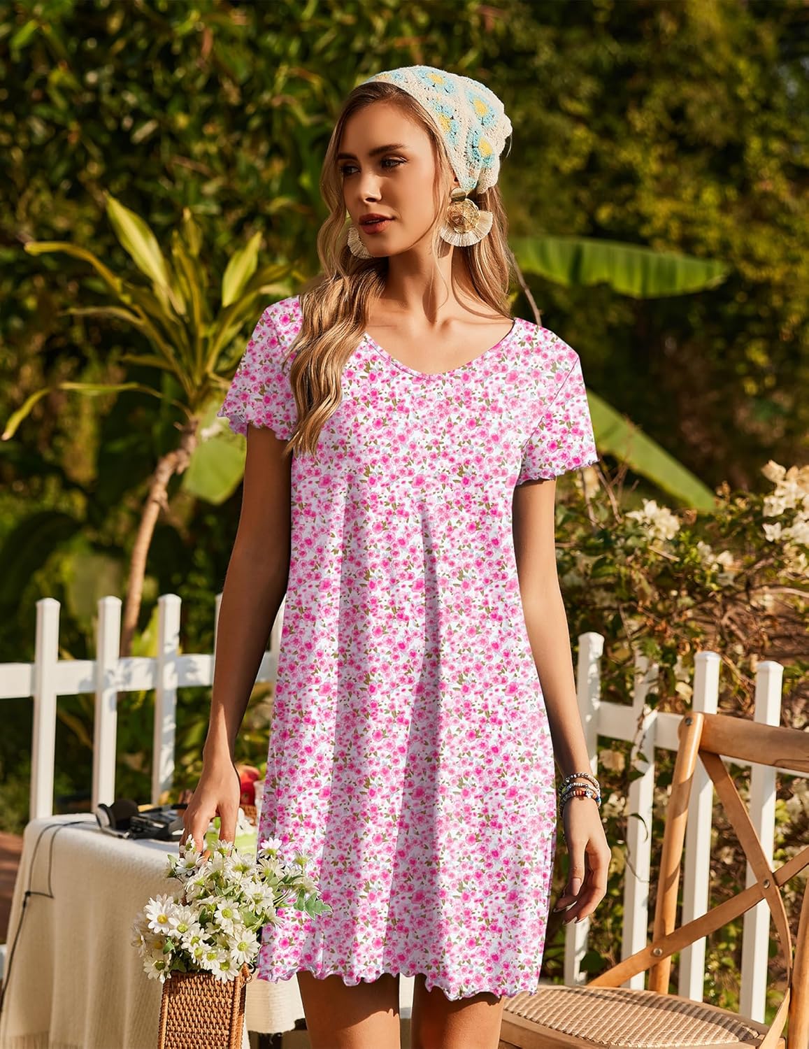 Ekouaer Nightgowns for Women Short Sleeve Sleepshirt V Neck Short Nightshirt Pullover Soft Ruffled Sleepwear S-XXXL - Image 5