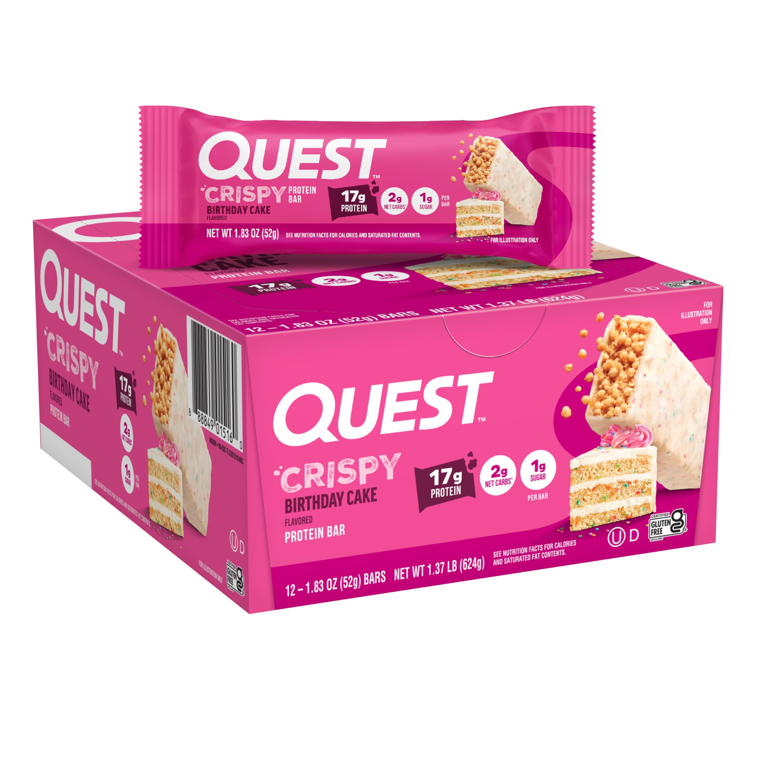 Nutrition Crispy Birthday Cake Protein Bar, 17g Protein, 1g Sugar, 2g Net Carbs, Gluten Free Protein Snack, Keto Friendly, 12 Count