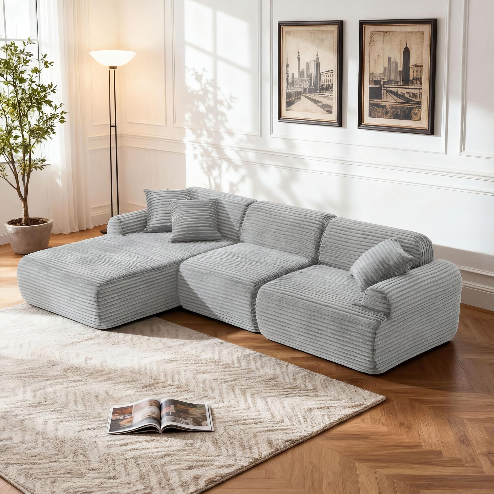 KEIKI 2Seat Modular Boneless Sectional Corduroy Sofa Couch with Chaise for City Apartment Apartment Living Family Friendly Homeowners Soft Plush Comfortable Cozy Relaxing Contemporary Design Grey