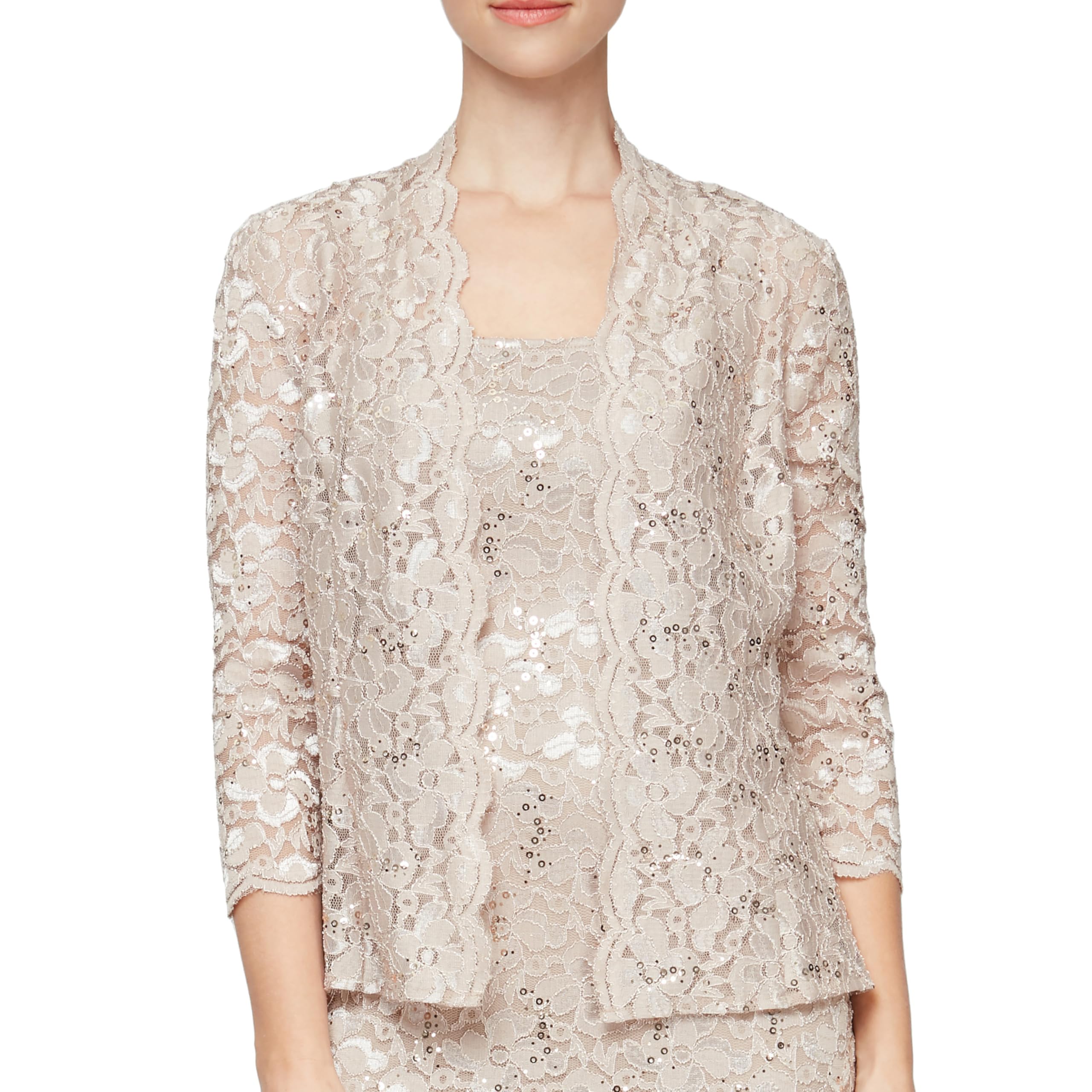 S.L. Fashions Women's Tea Length Sequin Lace Special Occasion Dress with Illusion Sleeve Jacket (Petite and Regular Sizes), Champagne, 14