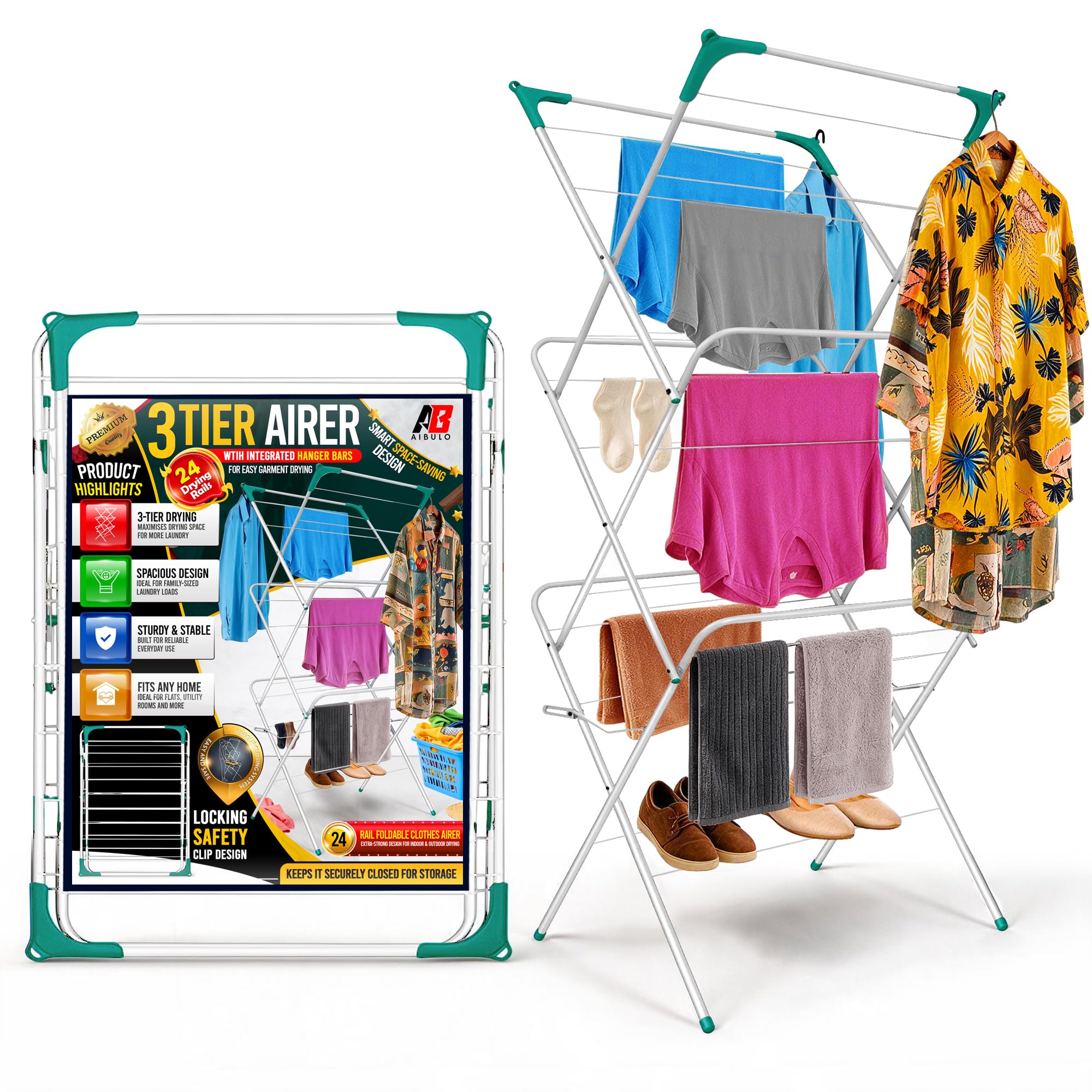 AIBULO 3 Tier Clothes Airer 24 Rails Heavy Duty | Foldable Clothes Drying Rack | 15KG Capacity Laundry Clothes Horse | Indoor Outdoor Space Saving Airer | White & Green