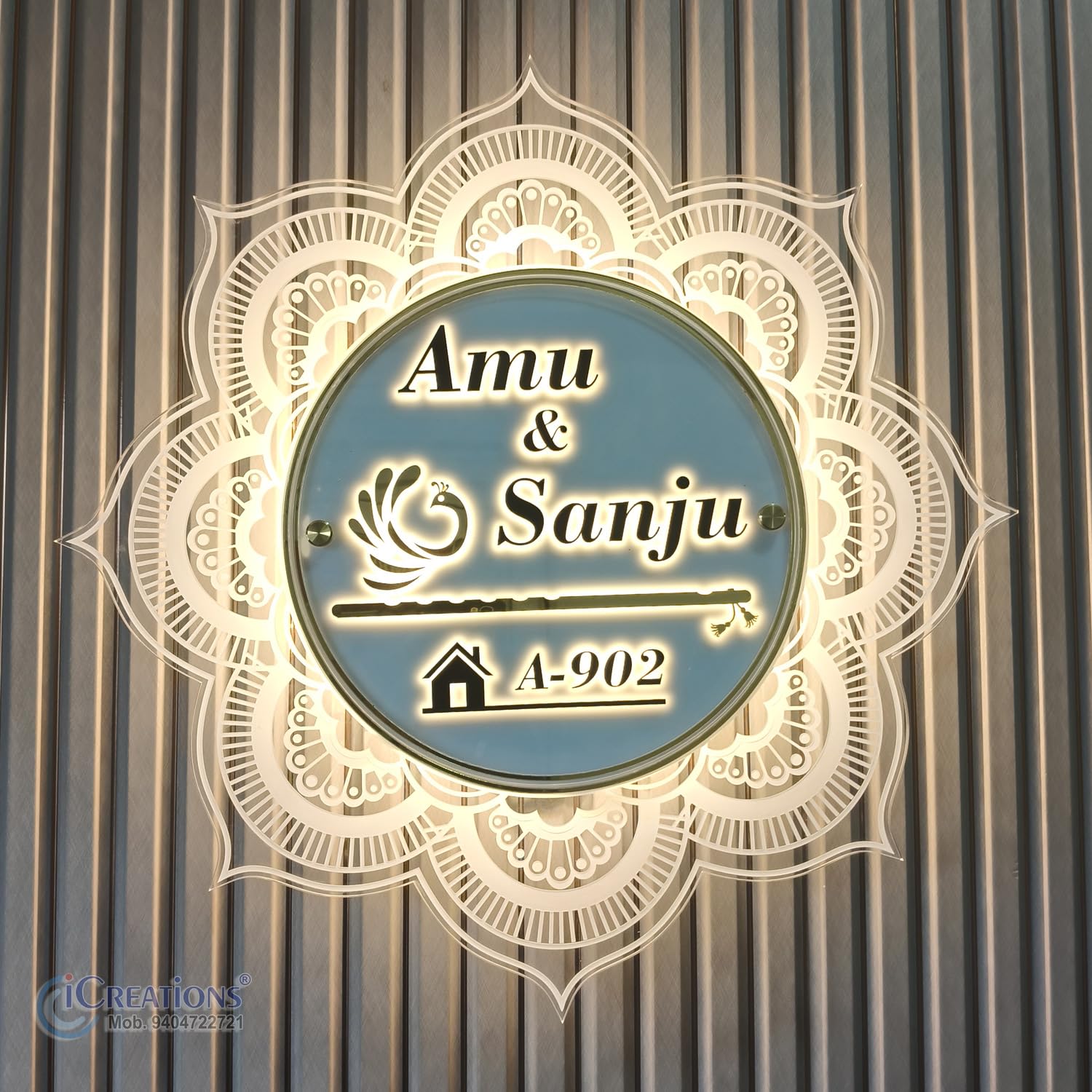 Personalized Name Plate Light for wall: unique name plates for home Mandala Style Acrylic LED Name Plate for Home Entrance – 18″ Dia. 3D Elevated Letters, Warm White Lights-image-24