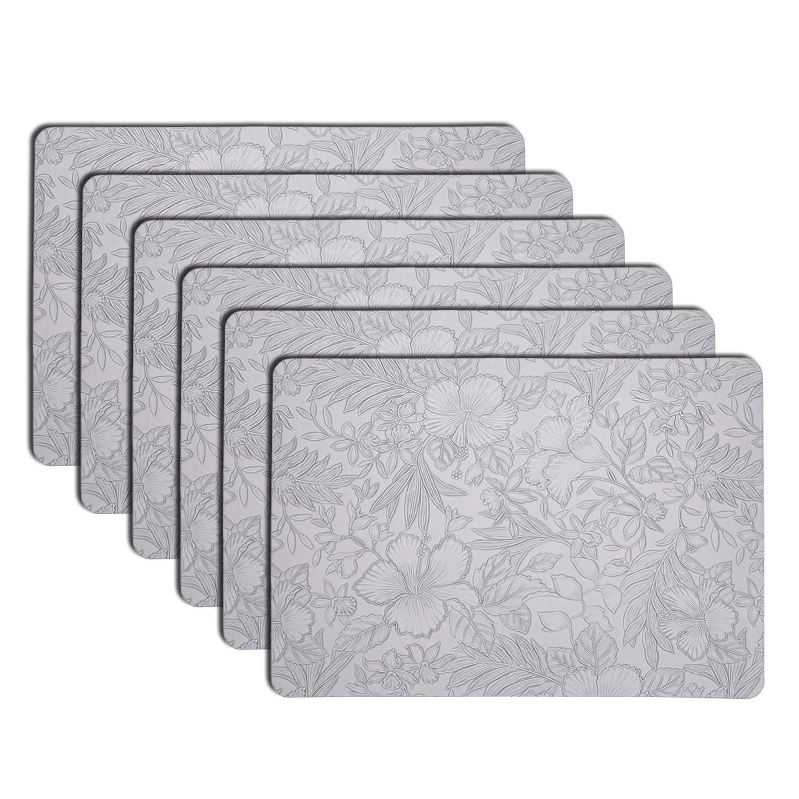 Tovagliette in pelle, set da 4/6, impermeabili e lavabili, con motivo floreale in rilievo, moderne tovagliette per cucina/sala da pranzo/feste/esterno(Grigio,Set of 6)