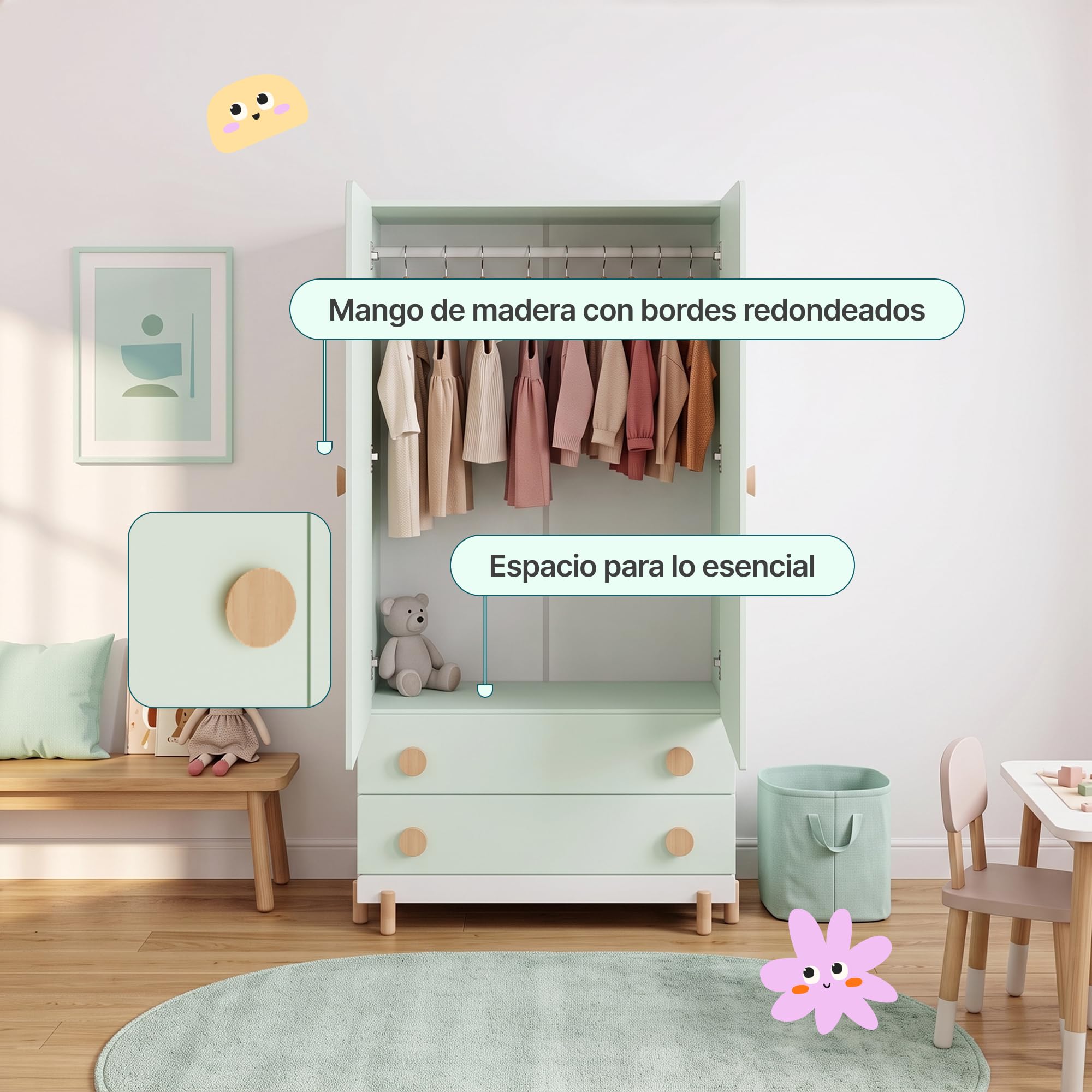 [en.casa] Armario ropero Infantil Vaarentaa con 2 cajones 156x80x41cm Verde