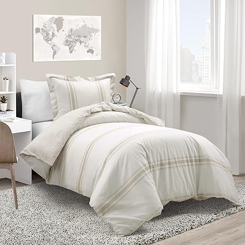 Lush Decor Juego de funda de edredón de 3 piezas, a rayas, estilo rústico, tamaño individual XL, color neutro