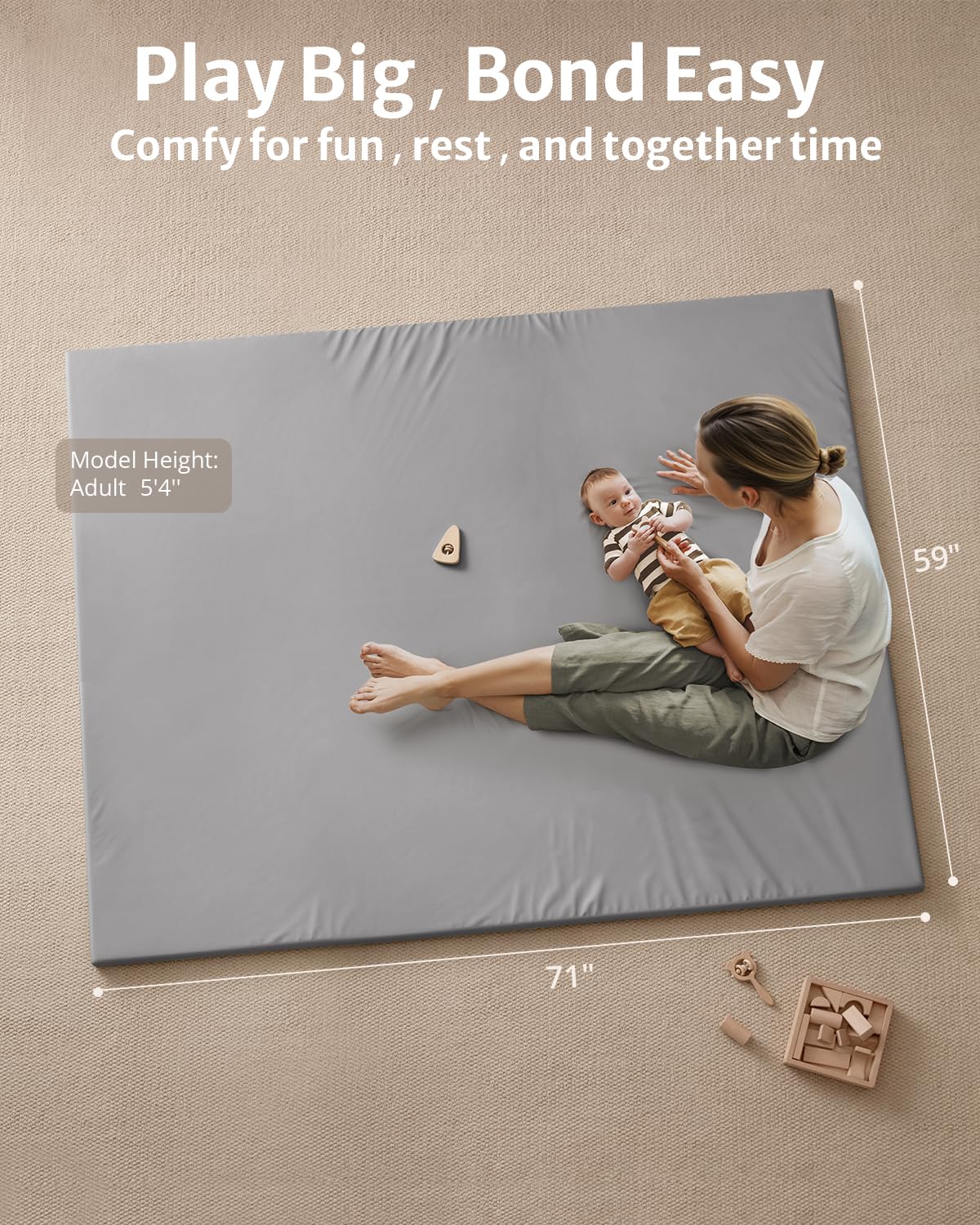 Blissful Diary Vegan Leather Baby Play Mat, 71x59 Thicken Foam Cushioned & Waterproof Playpen Mat for Infants and Toddlers, Stylish and Just Wipe-Clean Playmat for Baby Play on Floor, Light Gray
