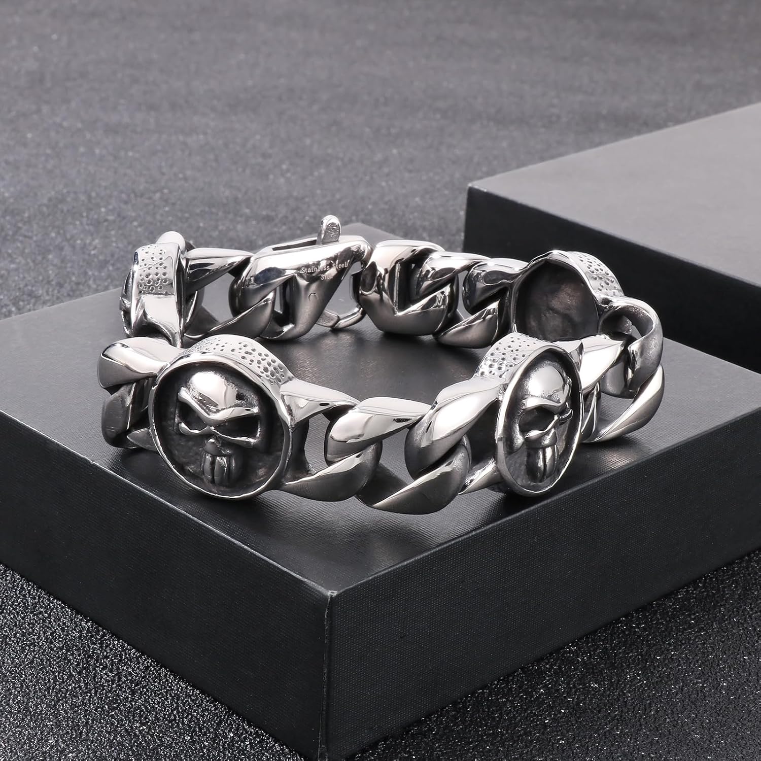 Stainless Steel Gothic Skull Bracelet for Men and Women Rock Biker Skull Linked Chunky Chain Bangle with Lobster Clasps Polished Gift for Him - Image 9
