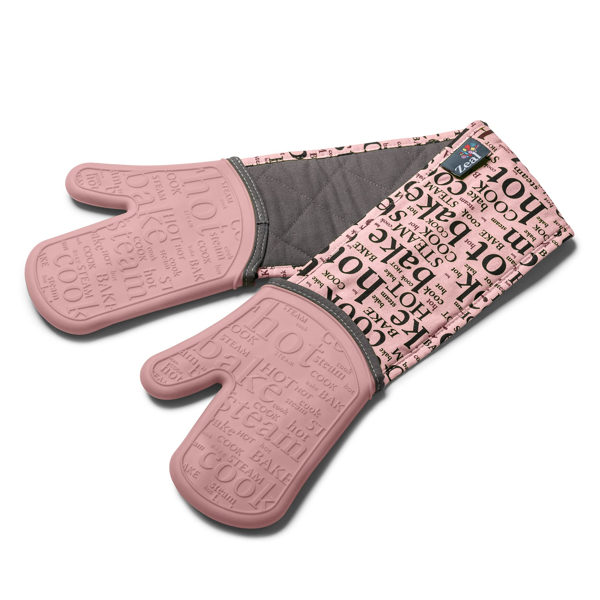 Zeal Rose Pink Silicone Double Oven Gloves, Heat, Steam And Water-Resistant Mitts With Quilted Fabric Inner, Non-Slip Grip. Perfect For Cooking And Baking. Machine Washable,