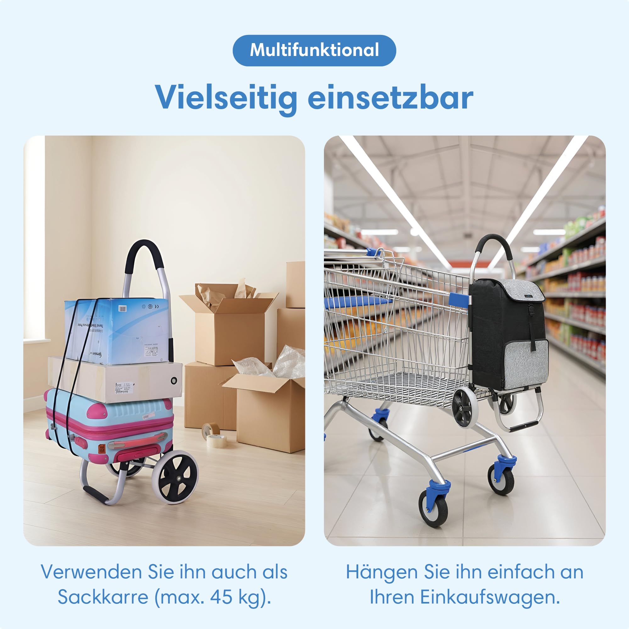 Safe Age® Einkaufstrolley mit Kühlfach und Sackkarren-Funktion - Einkaufswagen - Trolli - Klappbar