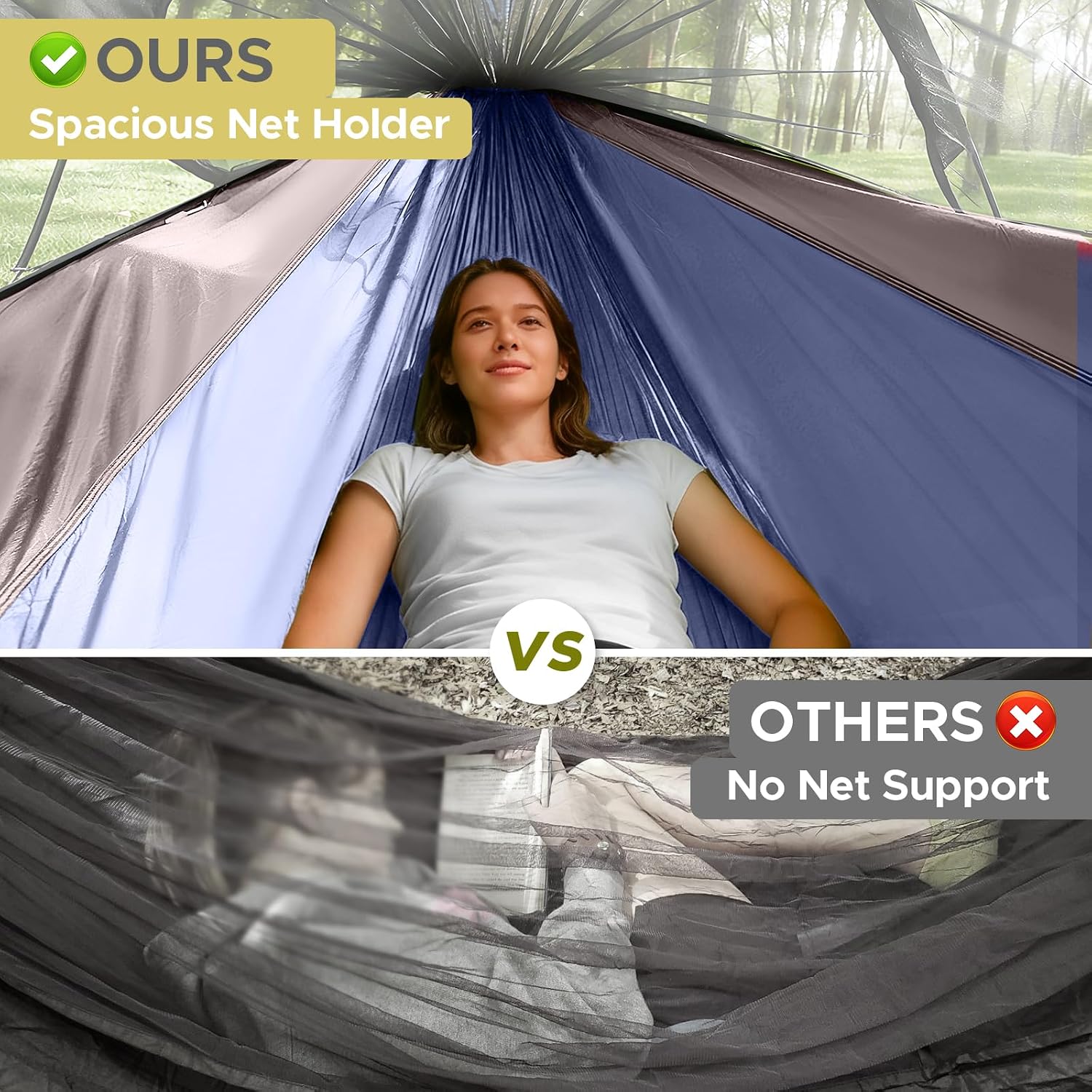 Sunyear Camping Hammock Tent - Portable Hammocks with Mosquito Net (Single/Double, 500lbs Capacity) - Spacious & Anti-Rollover Design with 2 Tree Straps for Hiking, Backpacking, Indoor/Outdoor Use image 3