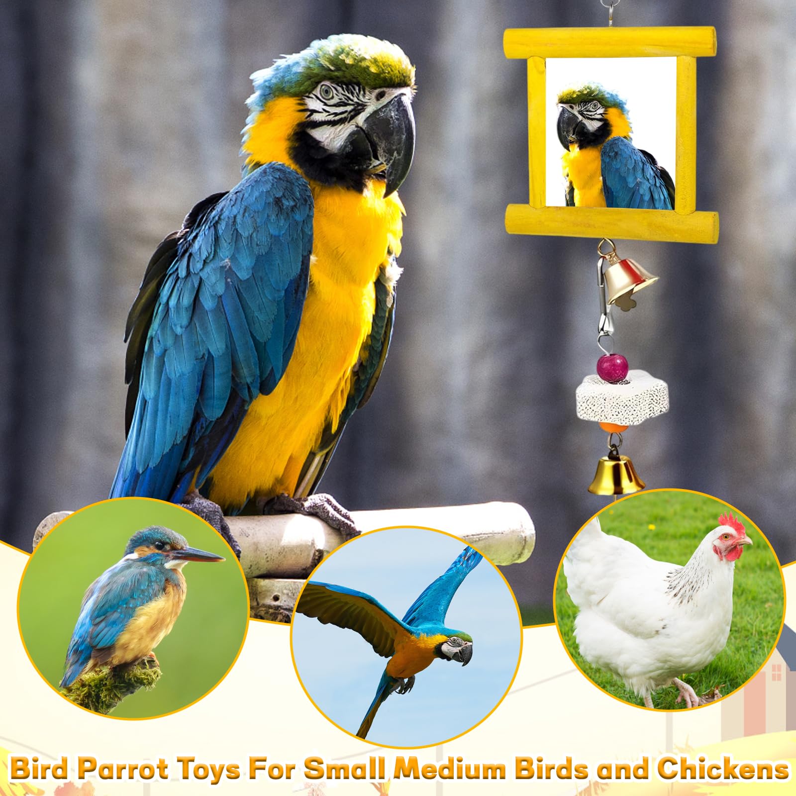 Chicken Toys For Hens,2pc Hanging Bell Parrot Chicken Swing Mirror + 2pcs Beak Grinding Stones - Image 4
