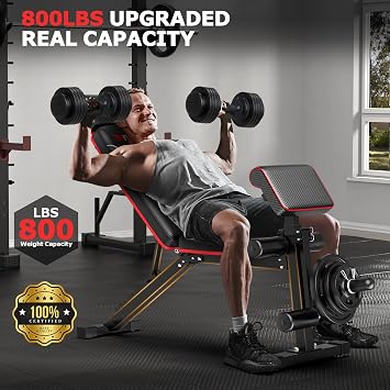 Weight Bench Foldable, Adjustable Bench press with Leg Extension, Preacher Pad, Extended Headrest, Gym Bench for Home Gym 800lbs Full Body Workouts Strength Training
