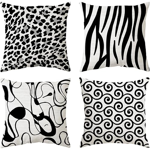 CYSNATU Throw Pillow Covers 18x18 Pillow Cover Set of 4, Black and White Modern Geometric Leopard Abstract Decorative Throw Pillows Cover for Living Room Bed Couch Sofa Office Decor (Black, 18"x18")