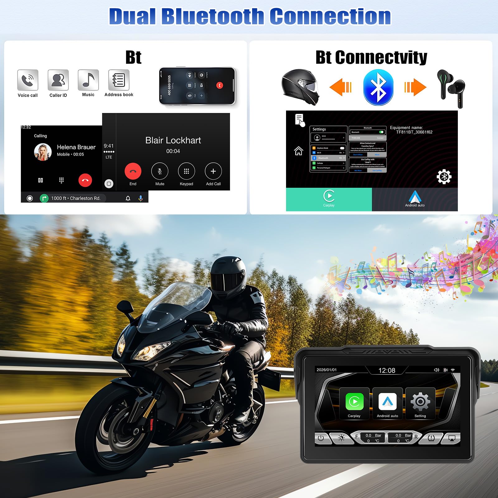 [2026] CAMECHO Senza Fili Carplay per Moto, 7 Pollici HD Schermo IP67 Impermeabile Navigatore con Touchscreen, Android Auto Bluetooth Airplay Android Cast, Supporto Siri/G-oogle Assistant